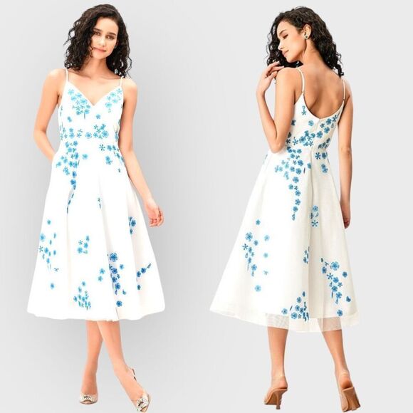 eShakti 5X White Blue Floral Embroidery Mesh Overlay Dupioni Dress - Picture 1 of 12
